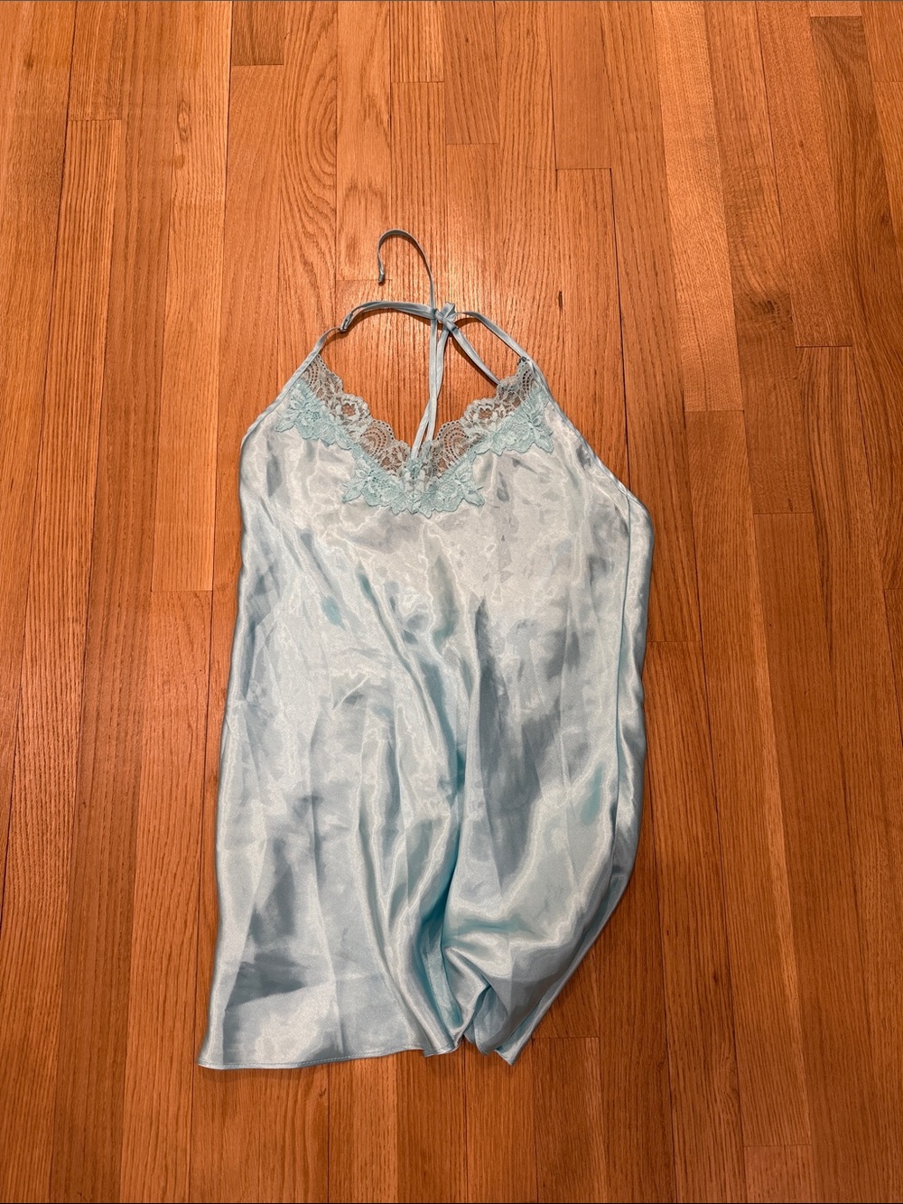 Light Blue Lace-Trim Satin Chemise with Adjustable Straps